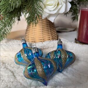 Vintage Glass Blue and Gold Holiday Ornaments